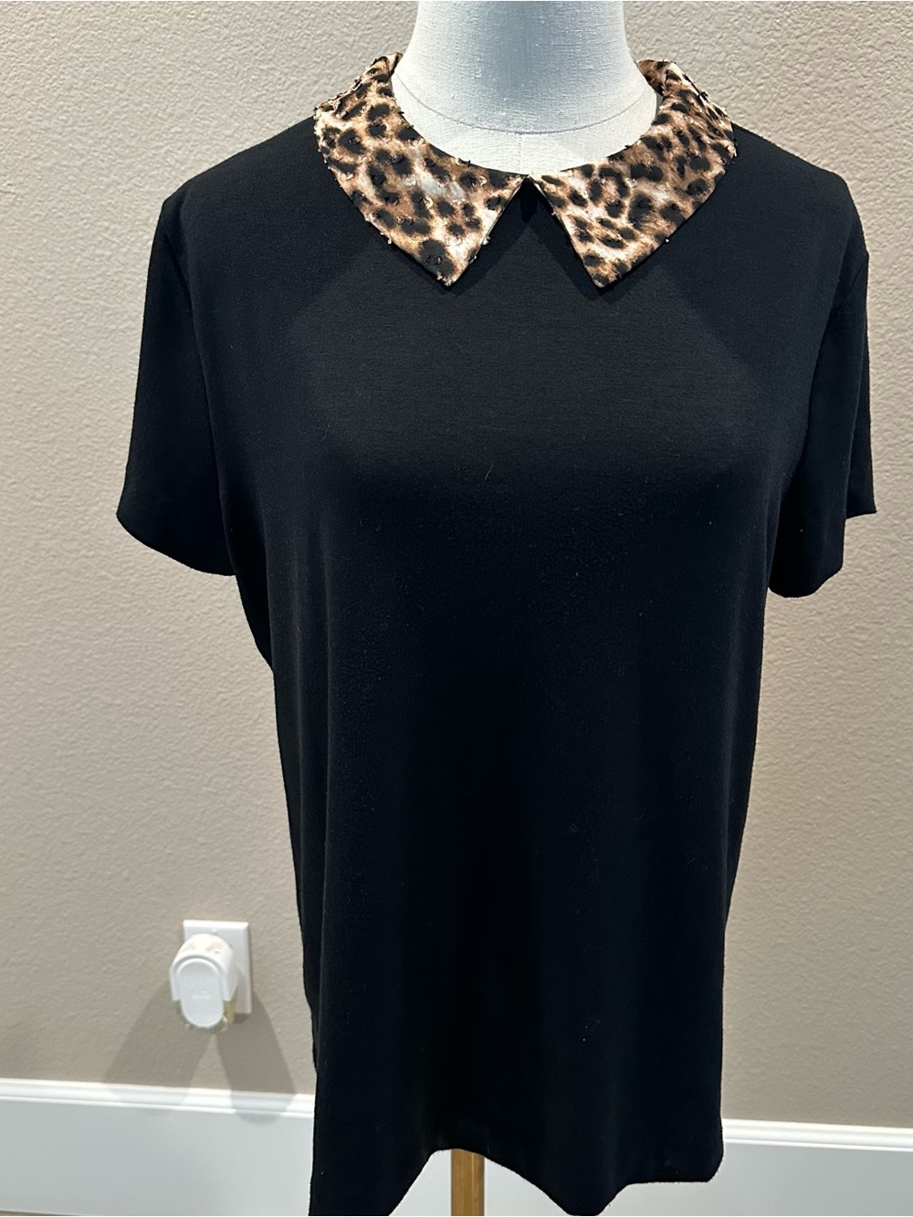 Maison Jules Black Tee with Leopard Print Collar